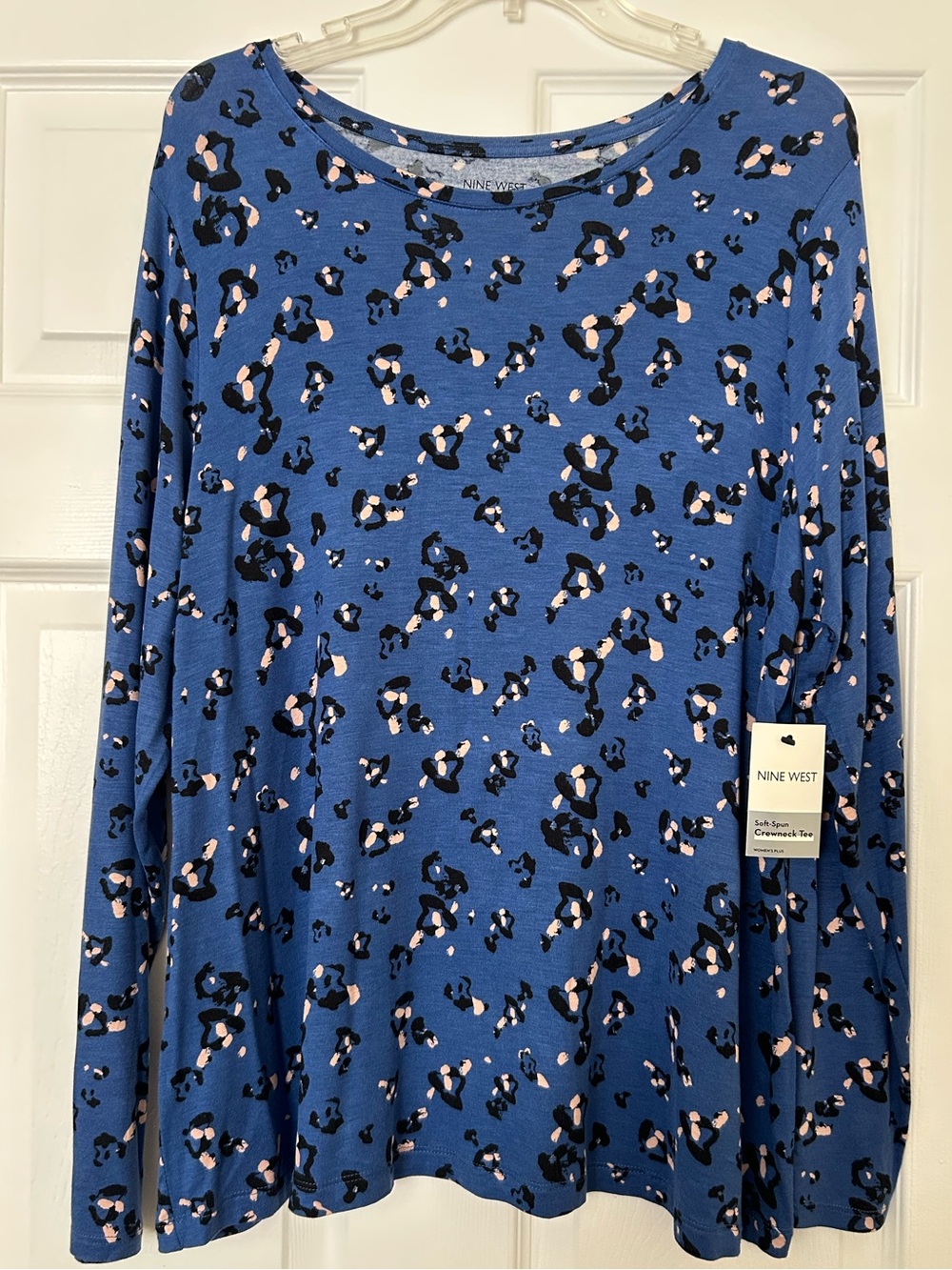 Nine West Blue Leopard-Print Long Sleeve Top Size 0X
